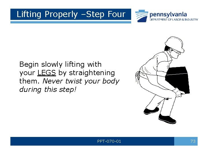 Lifting Properly –Step Four Begin slowly lifting with your LEGS by straightening them. Never Lifting Properly –Step Four Begin slowly lifting with your LEGS by straightening them. Never