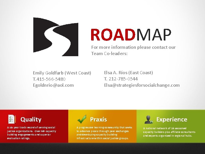 ROADMAP For more information please contact our Team Co-leaders: Emily Goldfarb (West Coast) T.