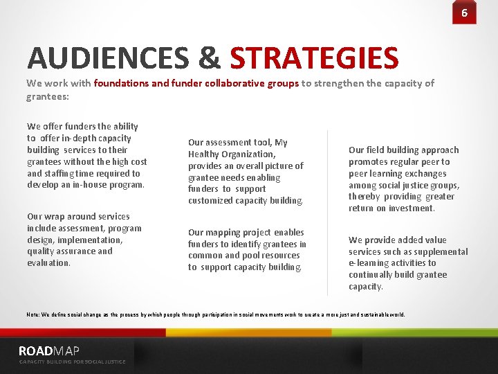 6 AUDIENCES & STRATEGIES We work with foundations and funder collaborative groups to strengthen