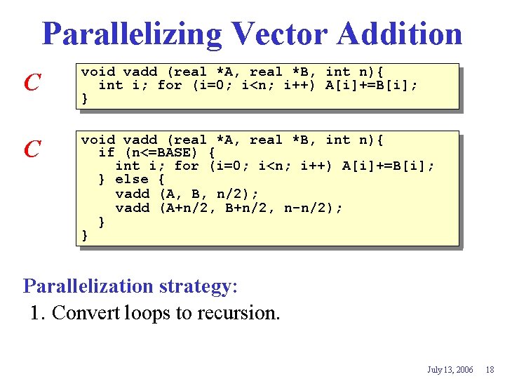 Parallelizing Vector Addition C void vadd (real *A, real *B, int n){ int i;