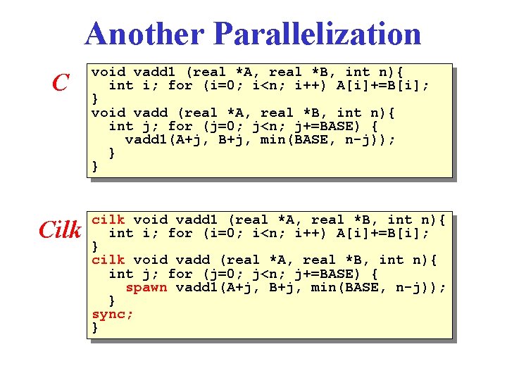 Another Parallelization C Cilk void vadd 1 (real *A, real *B, int n){ int