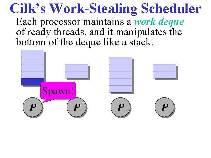 Cilk’s Work-Stealing Scheduler Each processor maintains a work deque of ready threads, and it