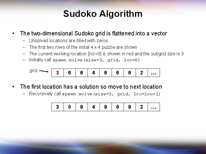 Sudoko Algorithm • The two-dimensional Sudoko grid is flattened into a vector – –