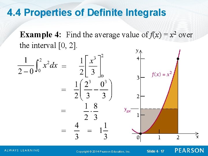 4. 4 Properties of Definite Integrals Example 4: Find the average value of f(x)