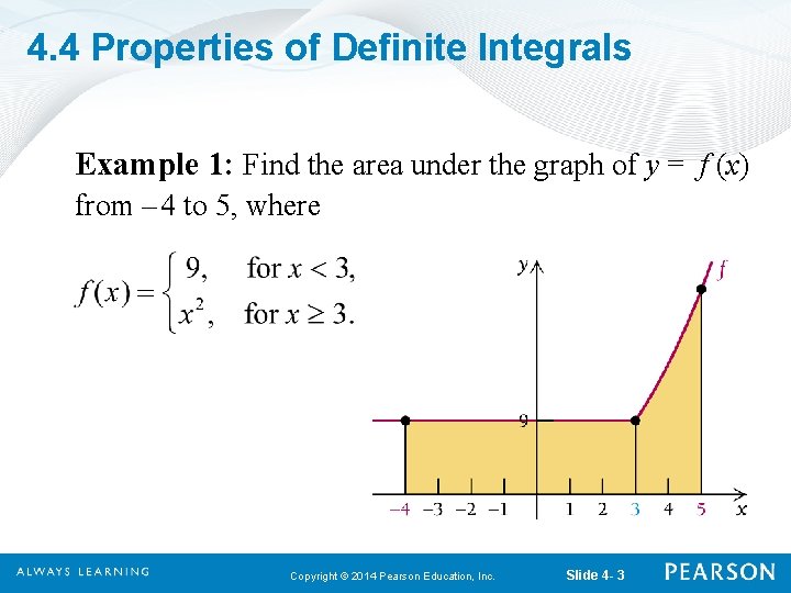 4. 4 Properties of Definite Integrals Example 1: Find the area under the graph