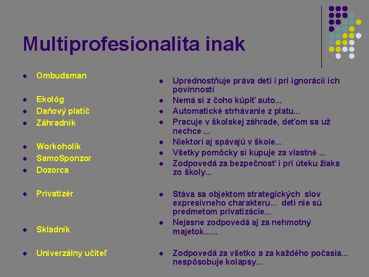 Multiprofesionalita inak l Ombudsman l Ekológ Daňový platič Záhradník l l l l Workoholik