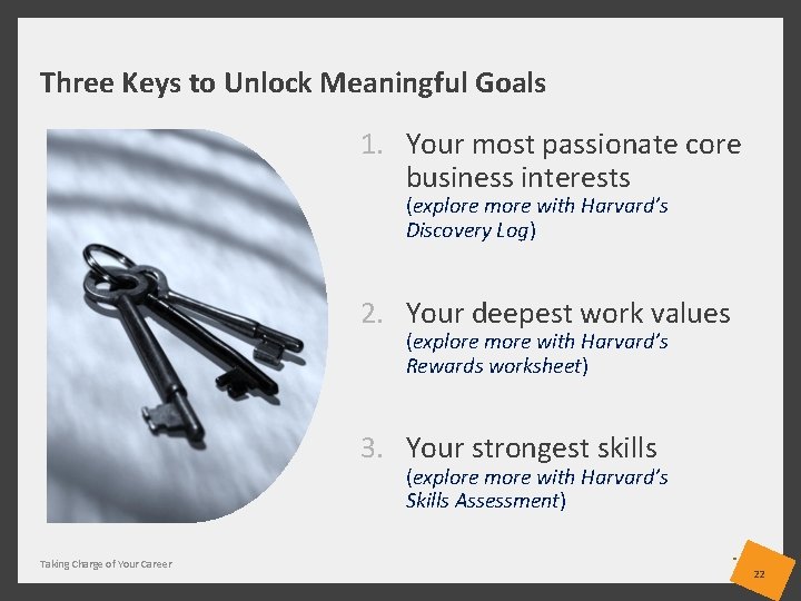 Three Keys to Unlock Meaningful Goals 1. Your most passionate core business interests (explore