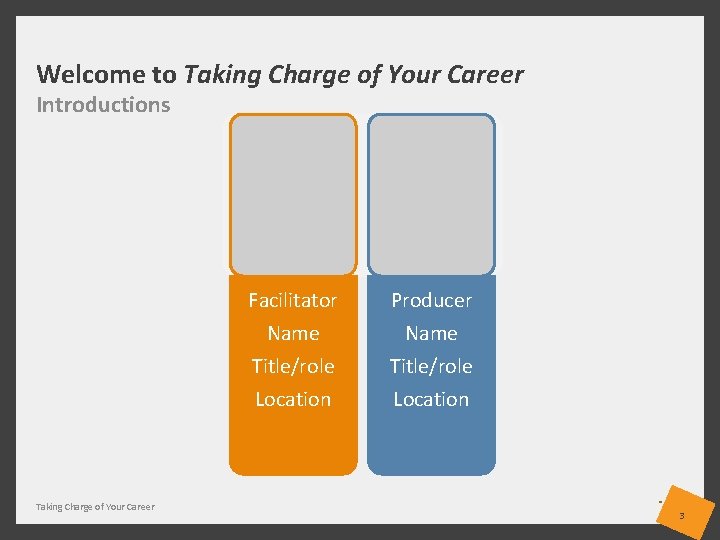 Welcome to Taking Charge of Your Career Introductions Facilitator Name Title/role Location Taking Charge