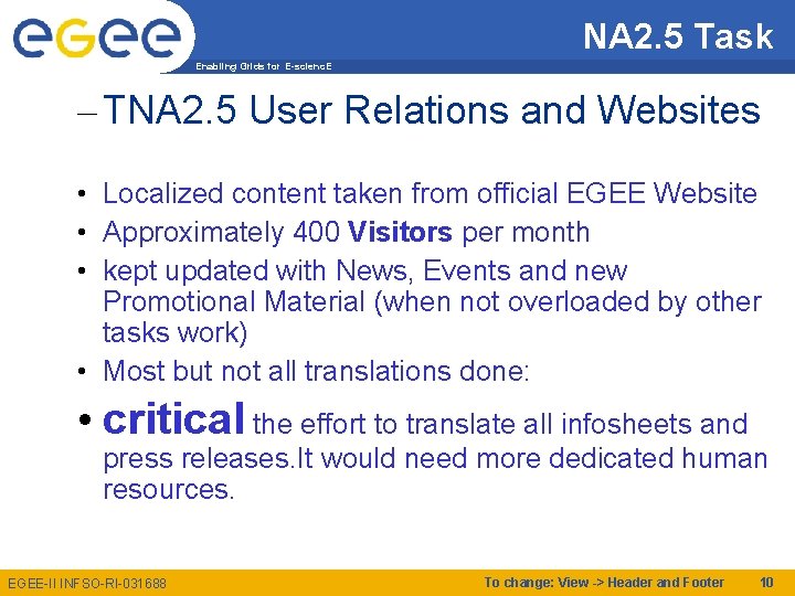 NA 2. 5 Task Enabling Grids for E-scienc. E – TNA 2. 5 User
