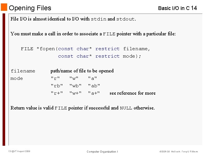 Opening Files Basic I/O in C 14 File I/O is almost identical to I/O