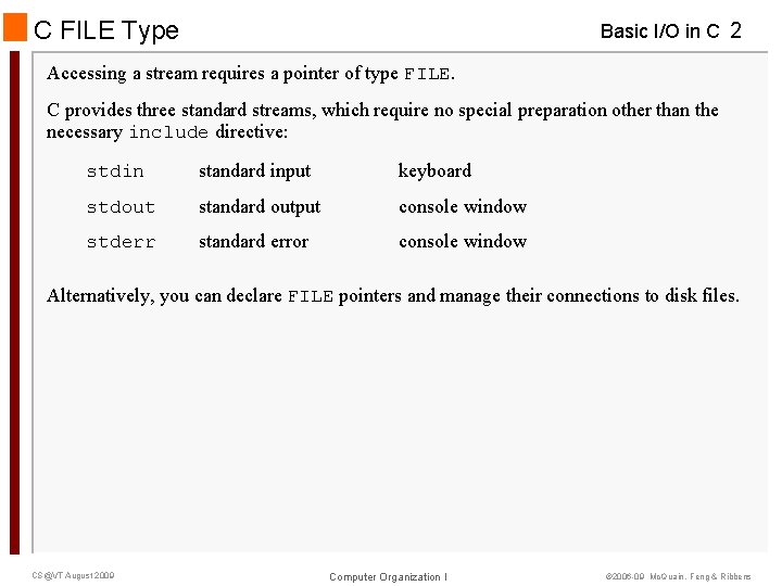 C FILE Type Basic I/O in C 2 Accessing a stream requires a pointer