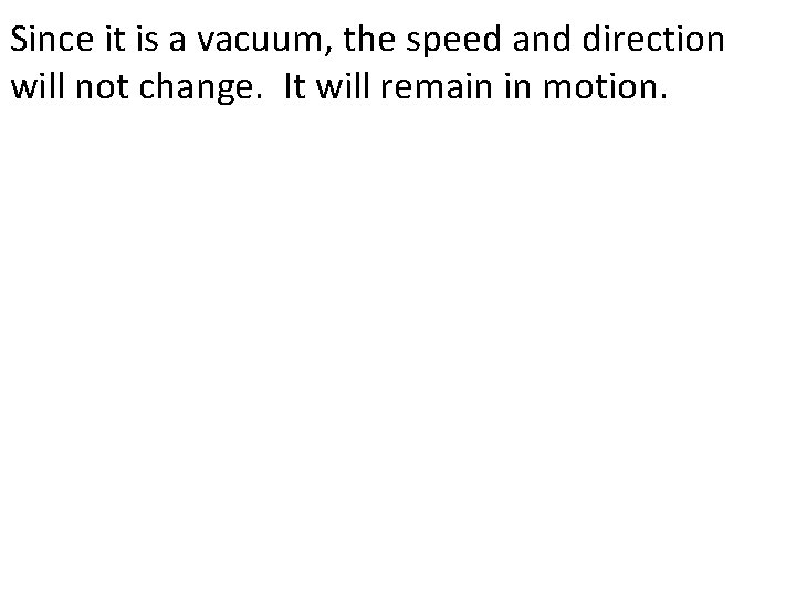 Since it is a vacuum, the speed and direction will not change. It will