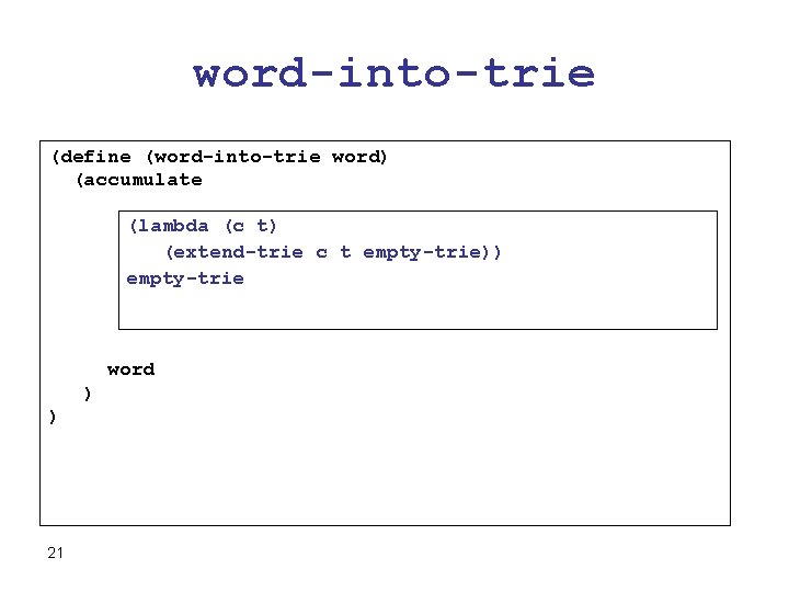 word-into-trie (define (word-into-trie word) (accumulate (lambda (c t) (extend-trie c t empty-trie)) empty-trie word