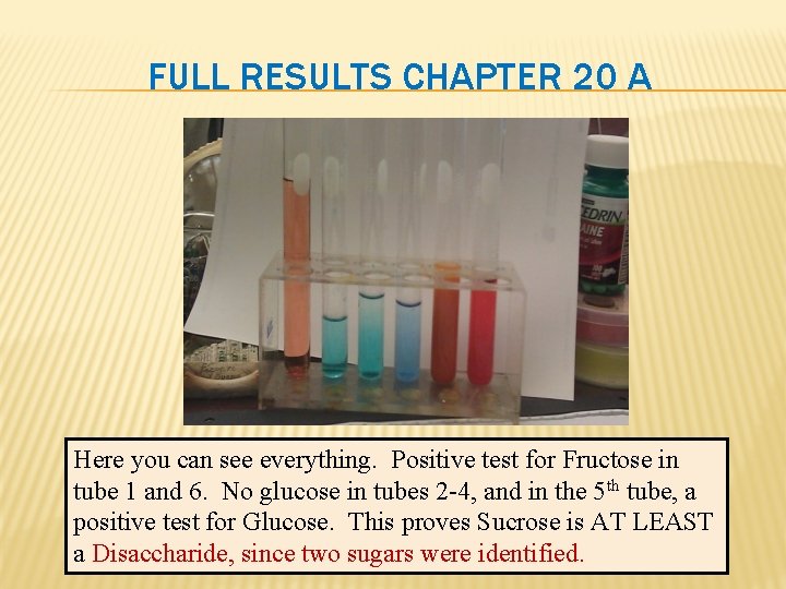 FULL RESULTS CHAPTER 20 A Here you can see everything. Positive test for Fructose