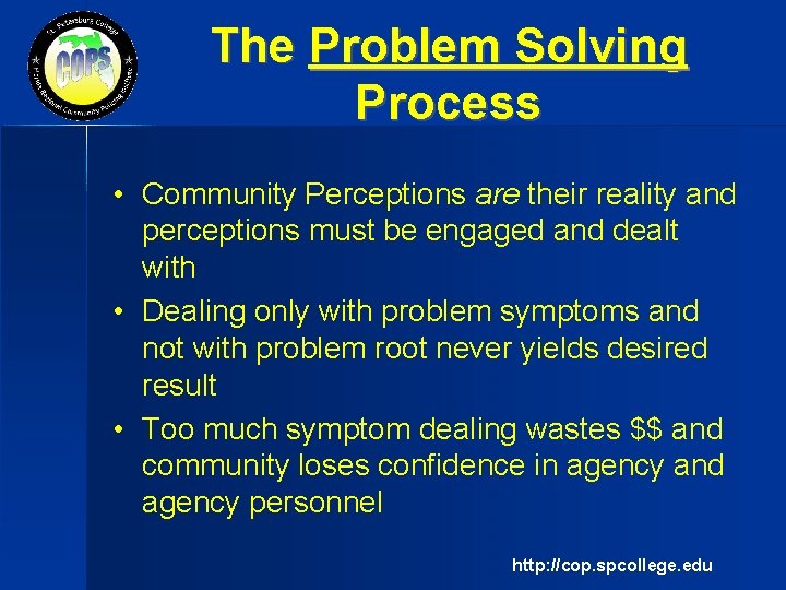 The Problem Solving Process • Community Perceptions are their reality and perceptions must be