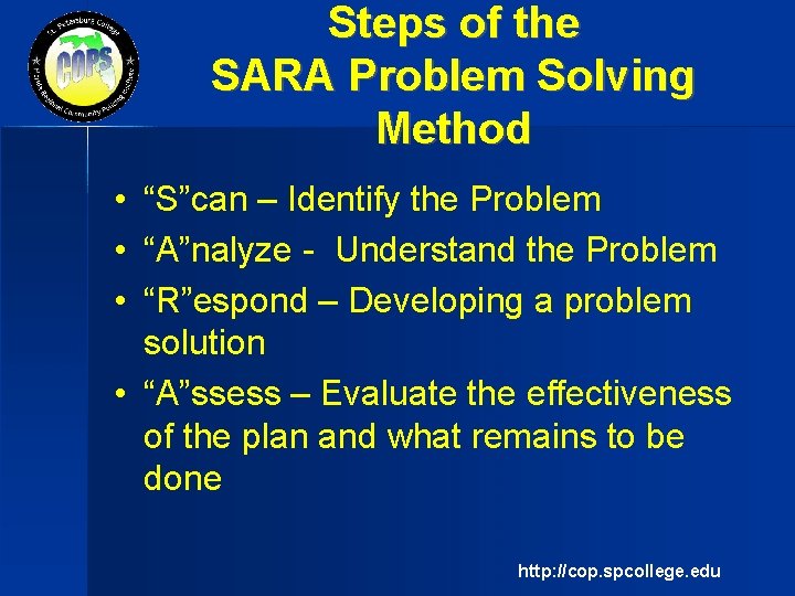 Steps of the SARA Problem Solving Method • “S”can – Identify the Problem •