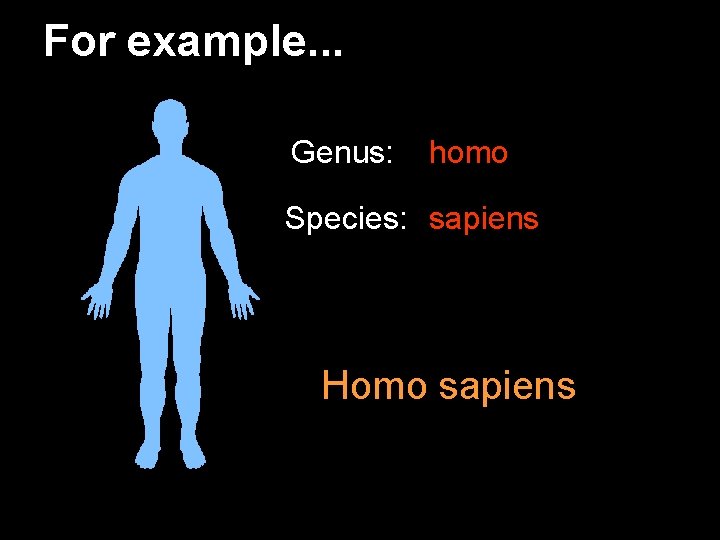 For example. . . Genus: homo Species: sapiens Homo sapiens 