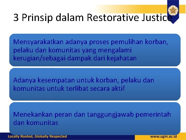 3 Prinsip dalam Restorative Justice Mensyarakatkan adanya proses pemulihan korban, pelaku dan komunitas yang