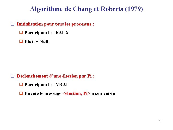 Algorithme de Chang et Roberts (1979) q Initialisation pour tous les processus : q