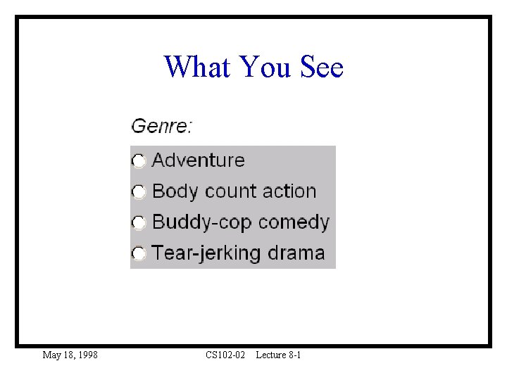 What You See May 18, 1998 CS 102 -02 Lecture 8 -1 