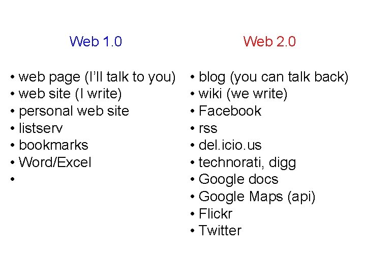 Web 1. 0 Web 2. 0 • web page (I’ll talk to you) •