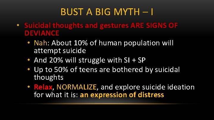 BUST A BIG MYTH – I • Suicidal thoughts and gestures ARE SIGNS OF