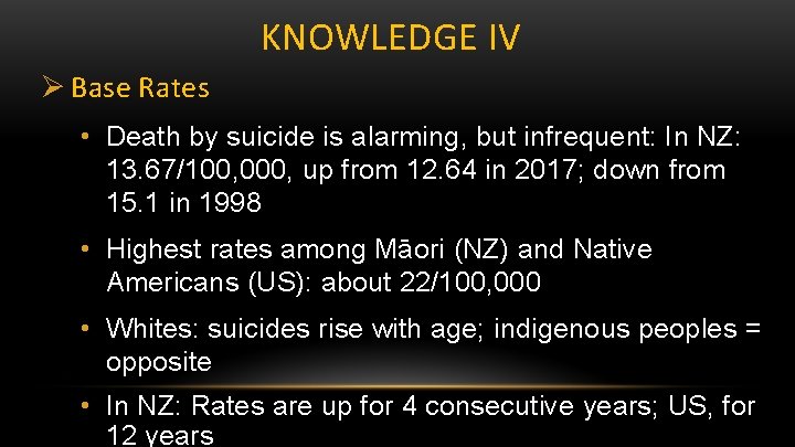 KNOWLEDGE IV Ø Base Rates • Death by suicide is alarming, but infrequent: In