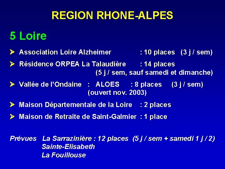 REGION RHONE-ALPES 5 Loire Association Loire Alzheimer : 10 places (3 j / sem)