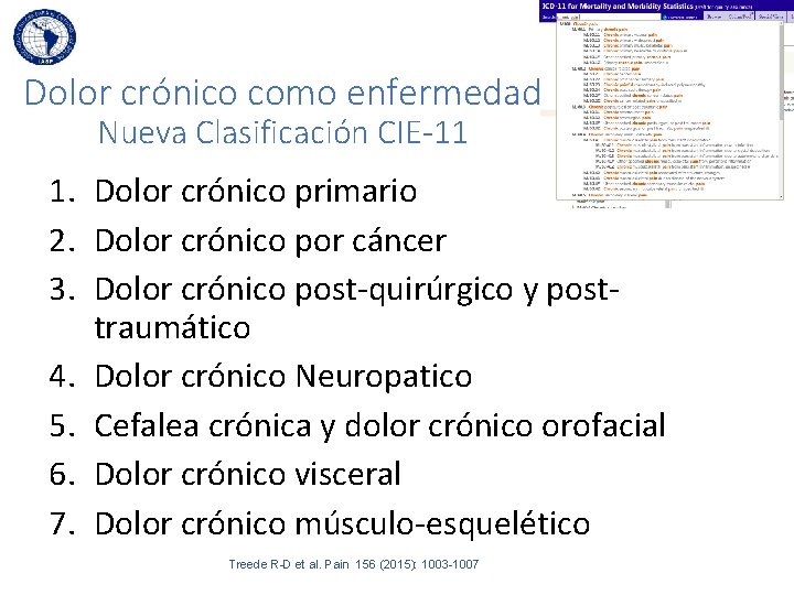 Dolor crónico como enfermedad Nueva Clasificación CIE-11 1. Dolor crónico primario 2. Dolor crónico