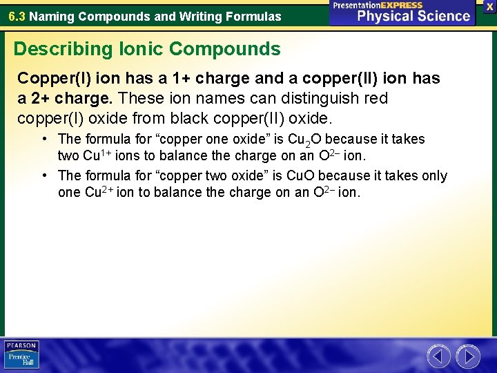 6. 3 Naming Compounds and Writing Formulas Describing Ionic Compounds Copper(I) ion has a