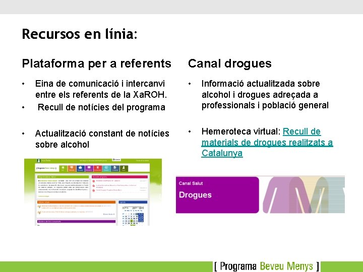 Recursos en línia: Plataforma per a referents Canal drogues • Eina de comunicació i