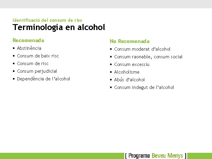 Identificació del consum de risc Terminologia en alcohol Recomenada No Recomenada § Abstinència §