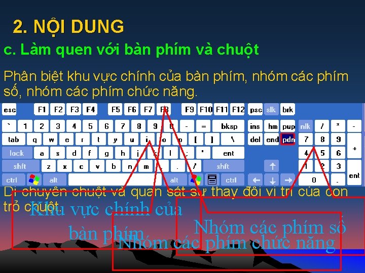 2. NỘI DUNG c. Làm quen với bàn phím và chuột Phân biệt khu