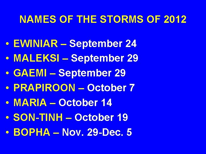 NAMES OF THE STORMS OF 2012 • • EWINIAR – September 24 MALEKSI –