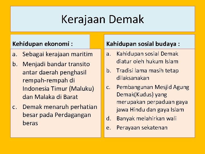 Kerajaan Demak Kehidupan ekonomi : Kahidupan sosial budaya : a. Sebagai kerajaan maritim b.