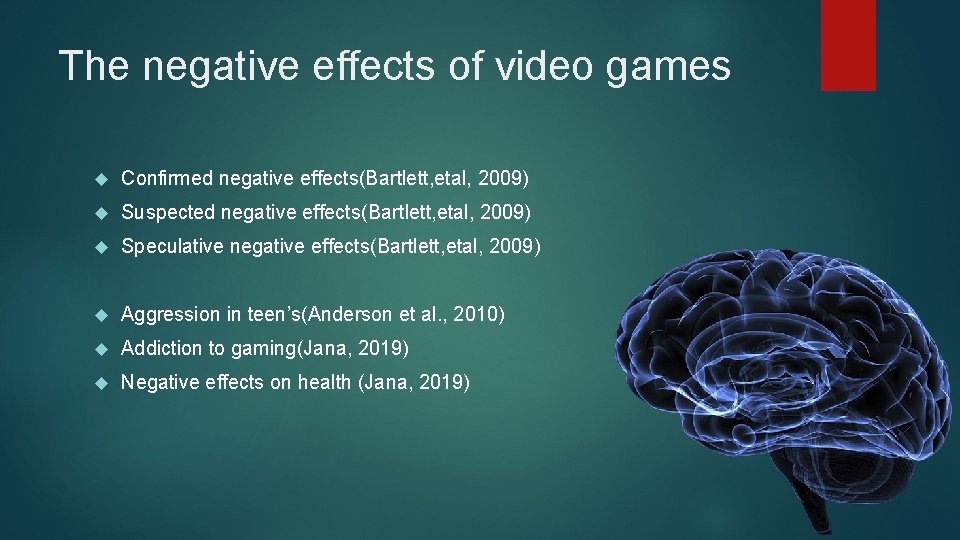 The negative effects of video games Confirmed negative effects(Bartlett, etal, 2009) Suspected negative effects(Bartlett,