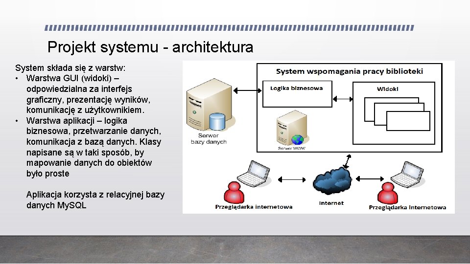 Projekt systemu - architektura System składa się z warstw: • Warstwa GUI (widoki) –