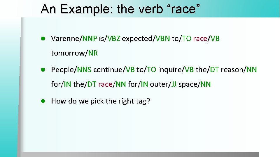 An Example: the verb “race” l Varenne/NNP is/VBZ expected/VBN to/TO race/VB tomorrow/NR l People/NNS