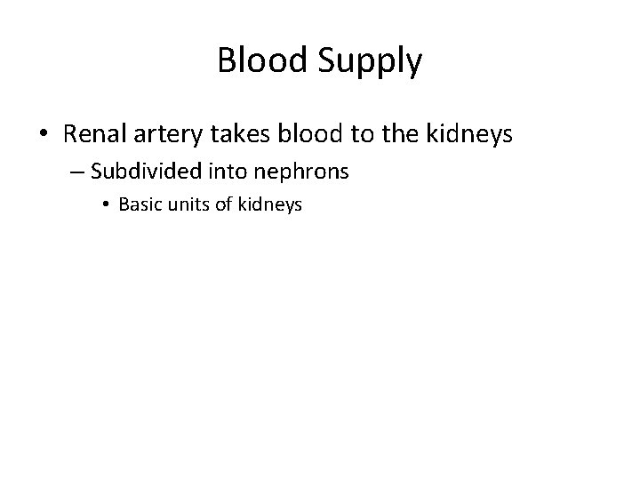 Blood Supply • Renal artery takes blood to the kidneys – Subdivided into nephrons