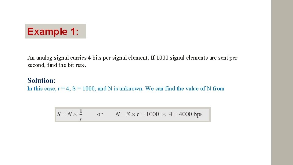 Example 1: An analog signal carries 4 bits per signal element. If 1000 signal