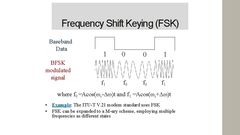 Frequency Shift Keying (FSK) Baseband Data BFSK modulated signal 1 0 0 1 f