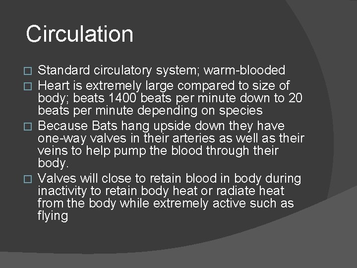 Circulation Standard circulatory system; warm-blooded Heart is extremely large compared to size of body;