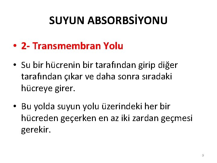 SUYUN ABSORBSİYONU • 2 - Transmembran Yolu • Su bir hücrenin bir tarafından girip