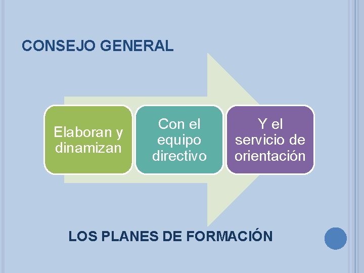 CONSEJO GENERAL Elaboran y dinamizan Con el equipo directivo Y el servicio de orientación