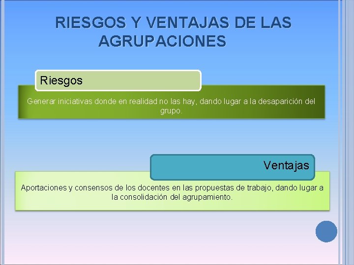 RIESGOS Y VENTAJAS DE LAS AGRUPACIONES Riesgos Generar iniciativas donde en realidad no las