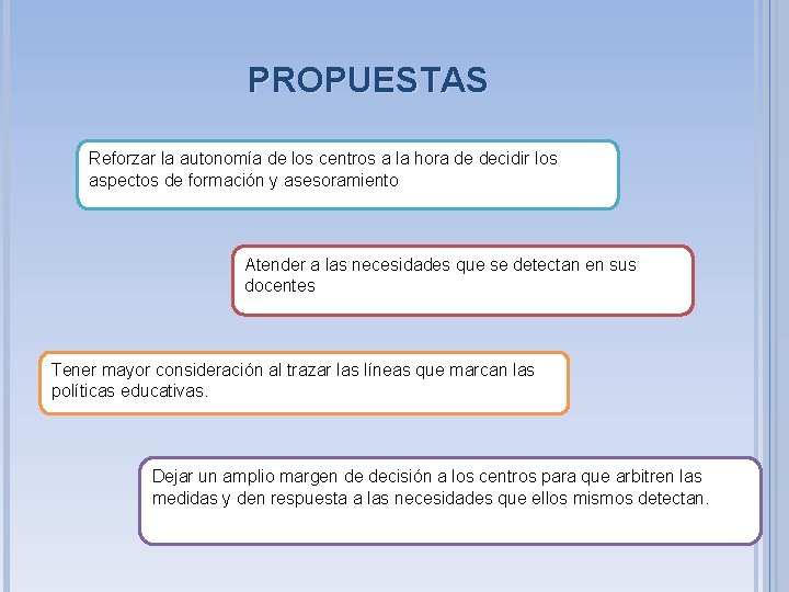 PROPUESTAS Reforzar la autonomía de los centros a la hora de decidir los aspectos