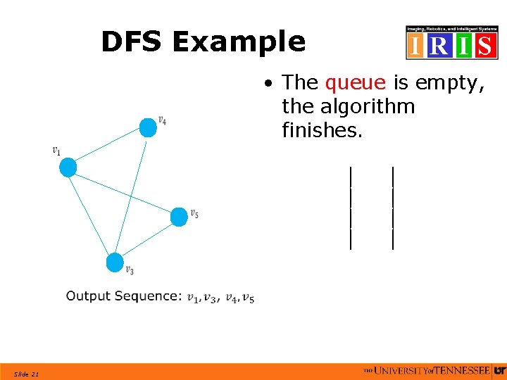 DFS Example • The queue is empty, the algorithm finishes. Slide 21 DFS Example • The queue is empty, the algorithm finishes. Slide 21
