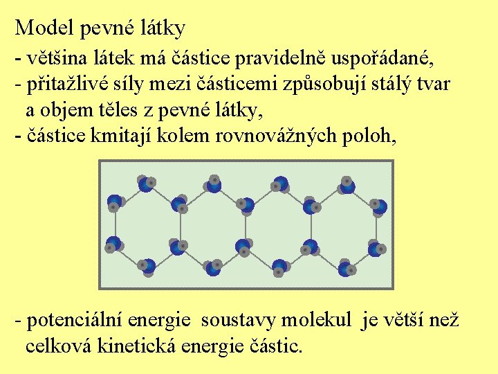 Model pevné látky - většina látek má částice pravidelně uspořádané, - přitažlivé síly mezi