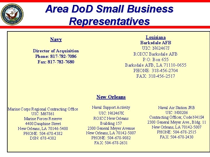 Area Do. D Small Business Representatives Navy Director of Acquisition Phone: 817 -782 -7086