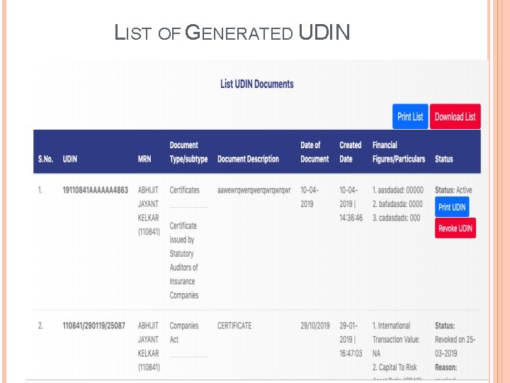 LIST OF GENERATED UDIN 